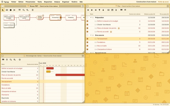 Tiptop Project Pro sur Mac : plan, réseau PERT et chronologie