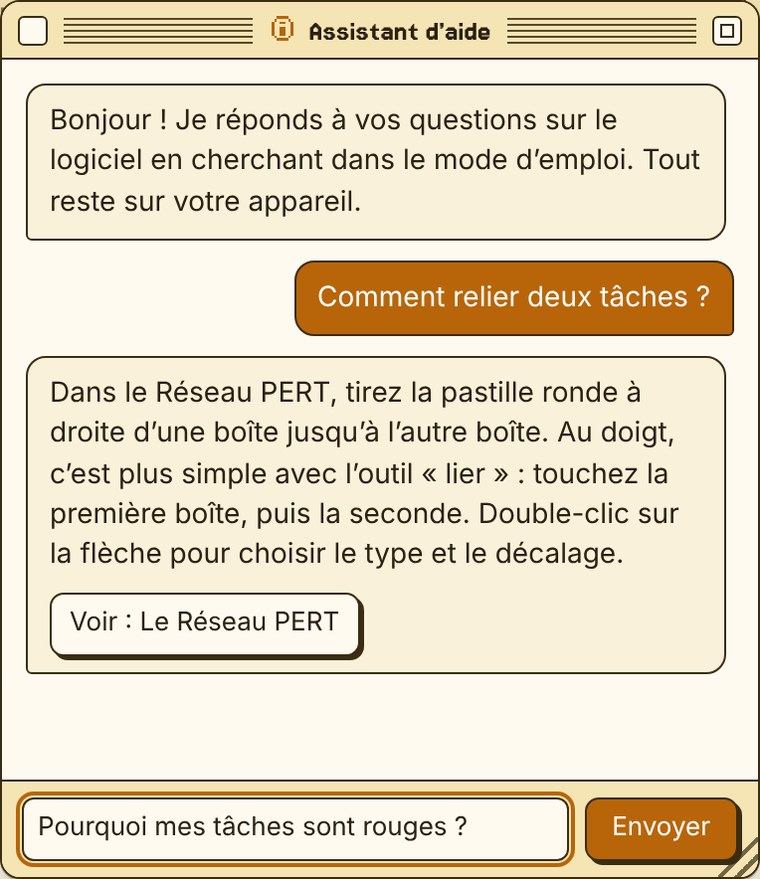L’assistant d’aide répond à « Comment relier deux tâches ? » avec un bouton vers le mode d’emploi